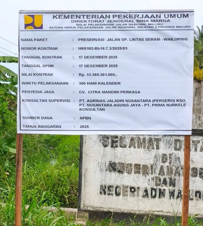 
Diberitakan Papan Proyek BPJN Maluku Rp13,3 Miliar di Wailoping Seram Tiba-Tiba “Gaib”  